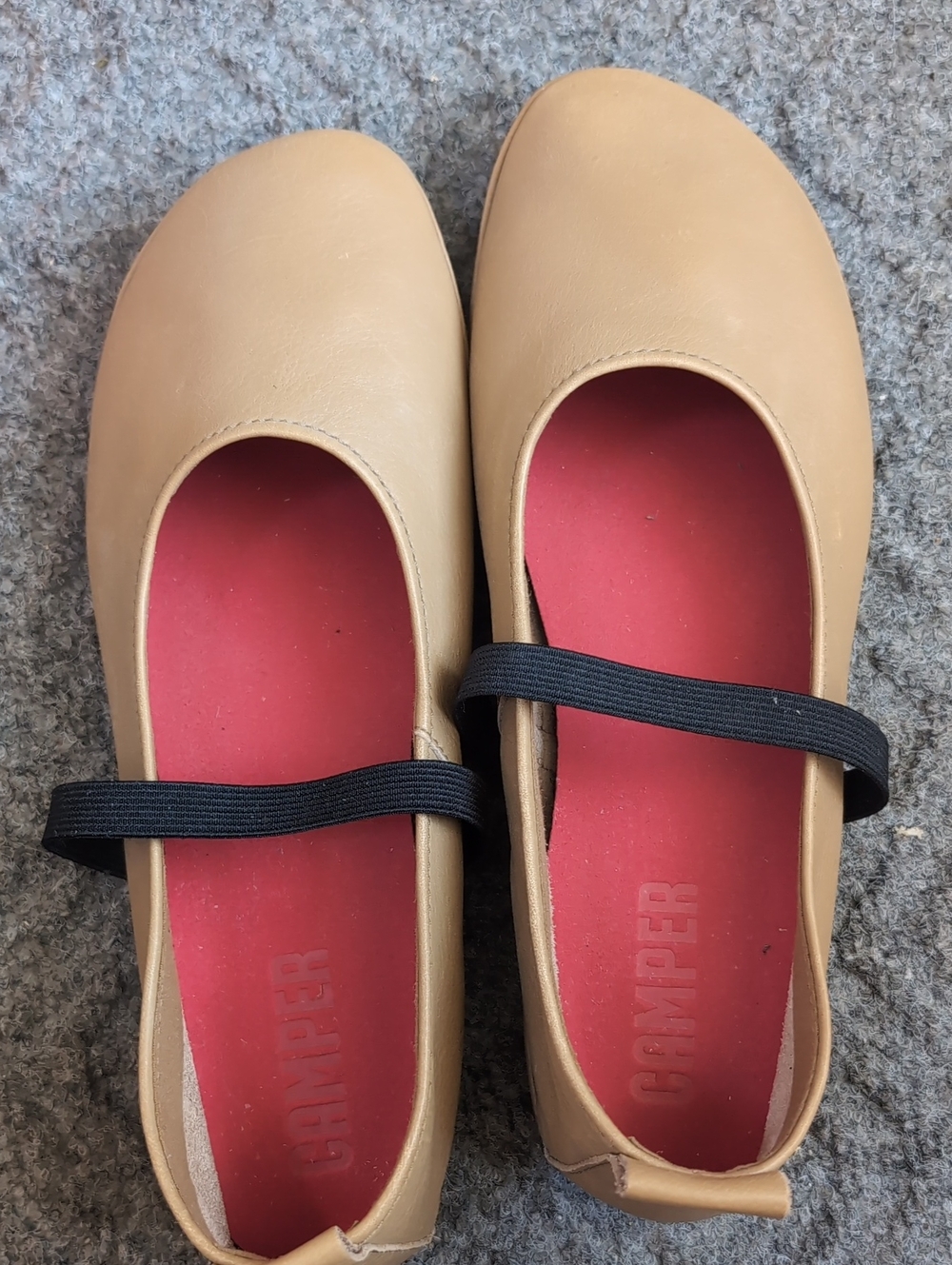 Camper Tan Leather Mary Jane Flats with Red Insole